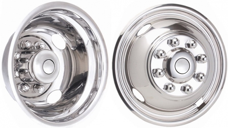 Ford E-350 DRW 1985-2024, Ford E-450 DRW 1992-2024, Ford F-350 DRW 1985-2004, Ford F-53 2020-2021, Stainless Steel Hubcaps, Wheel Covers, Simulators and Liners for 16 Inch Steel Wheels. Part Number JSD1608.